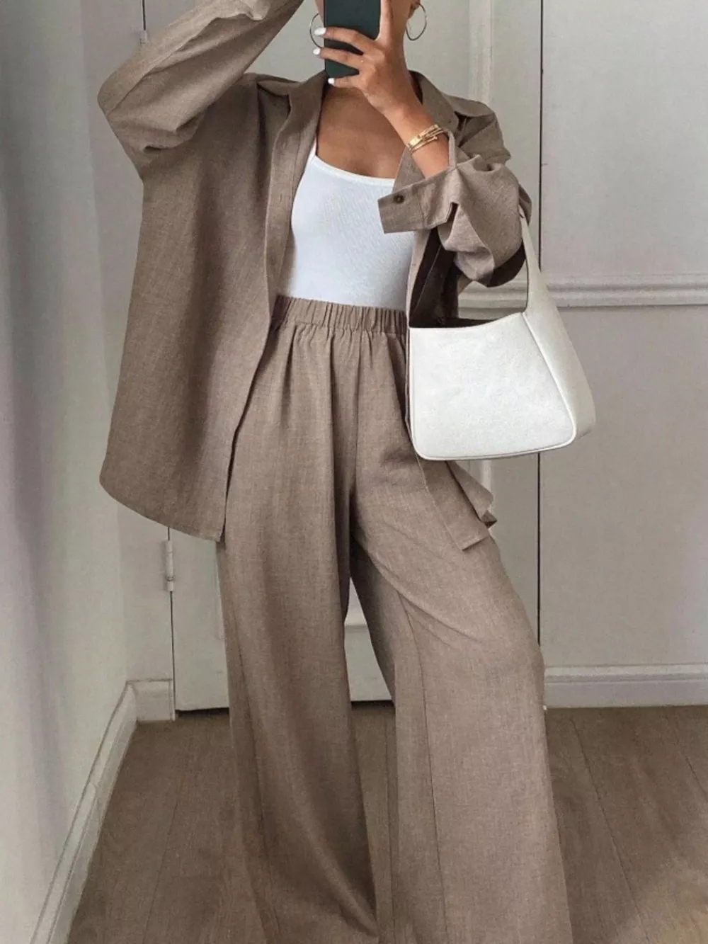 Button Up Long Sleeve Shirt and Wide Leg Pants Set, image 12