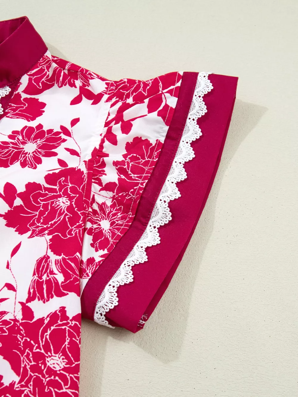 Floral Print Color Block Trim Lace Detail V Neck Flutter Sleeve Blouse, image 9