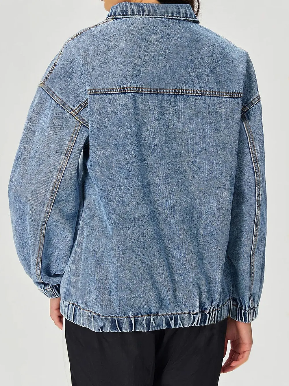 Quarter Zip Collared Neck Denim Top, image 2