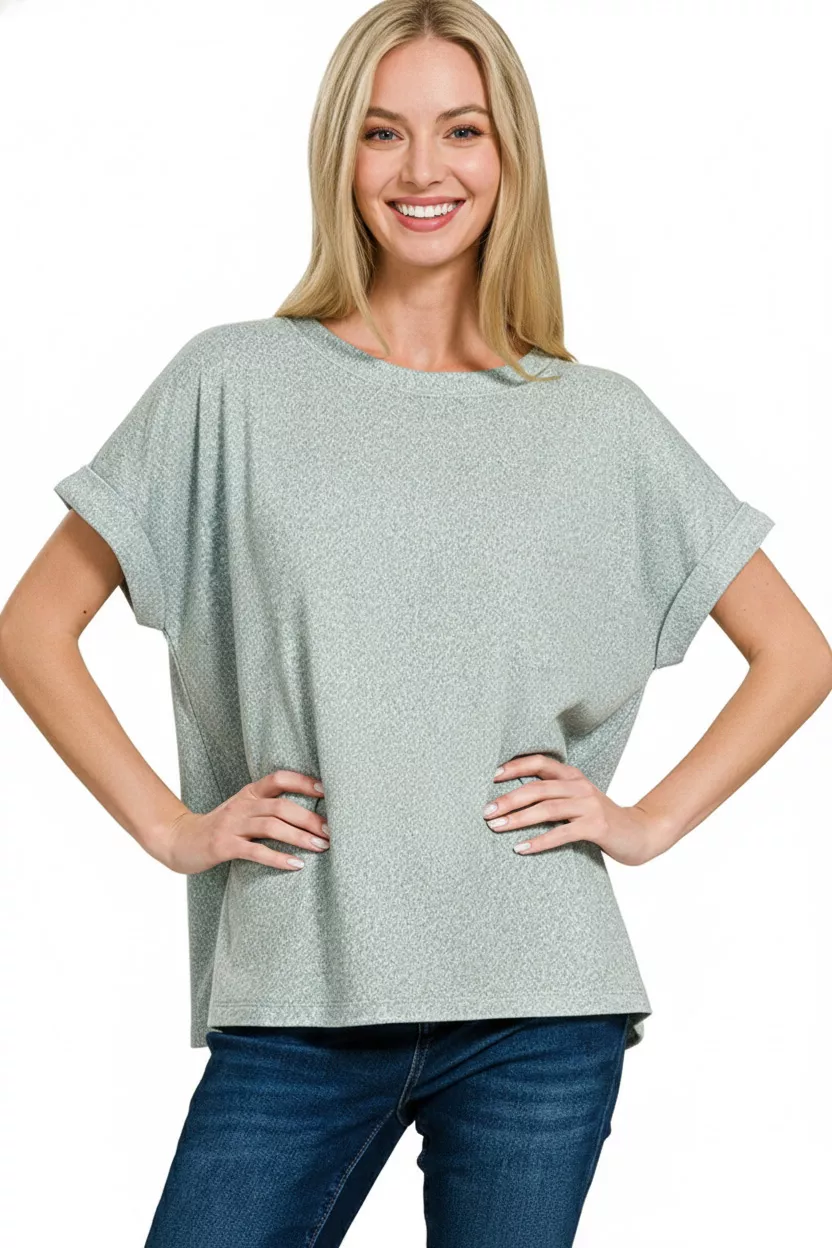Soft Melange Hacci Short Sleeve Round Neck Top, image 3