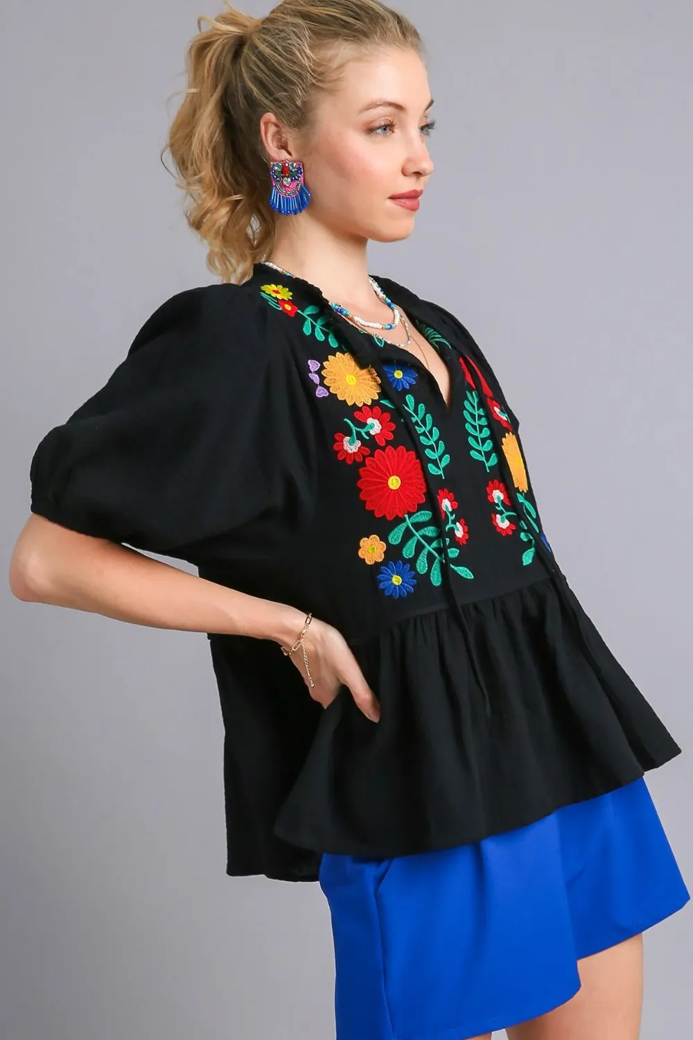 Full Size Cotton Gauze Floral Embroidery Babydoll Blouse Plus Size, image 2