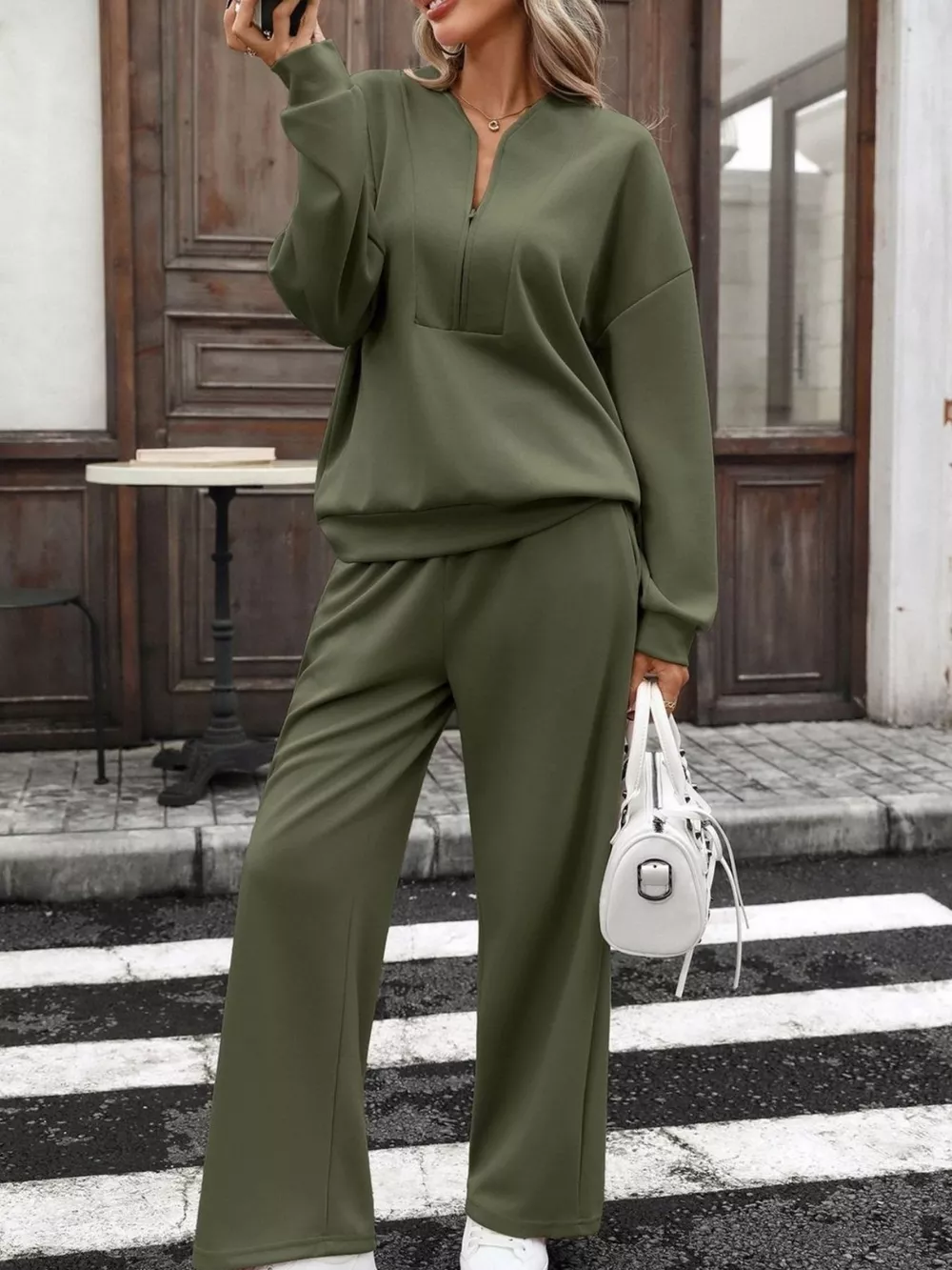 Half Zip Sweatshirt and Wide-Leg Pants Set, image 3