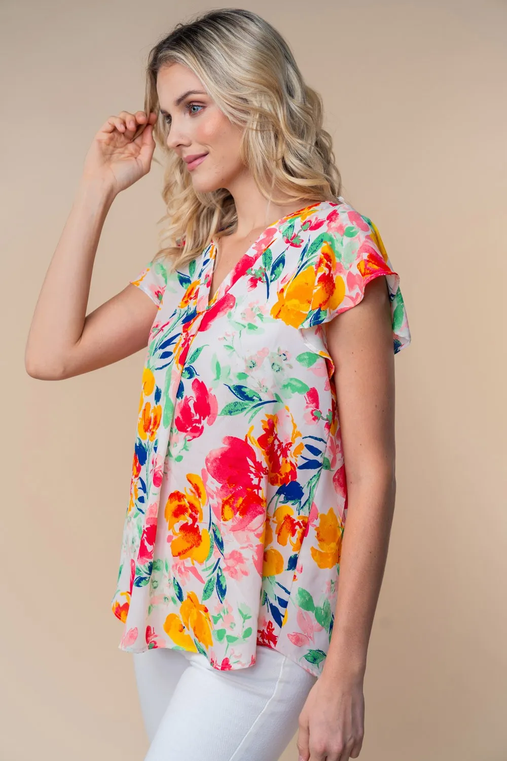 Full Size Short Sleeve Floral Woven Top, image 3