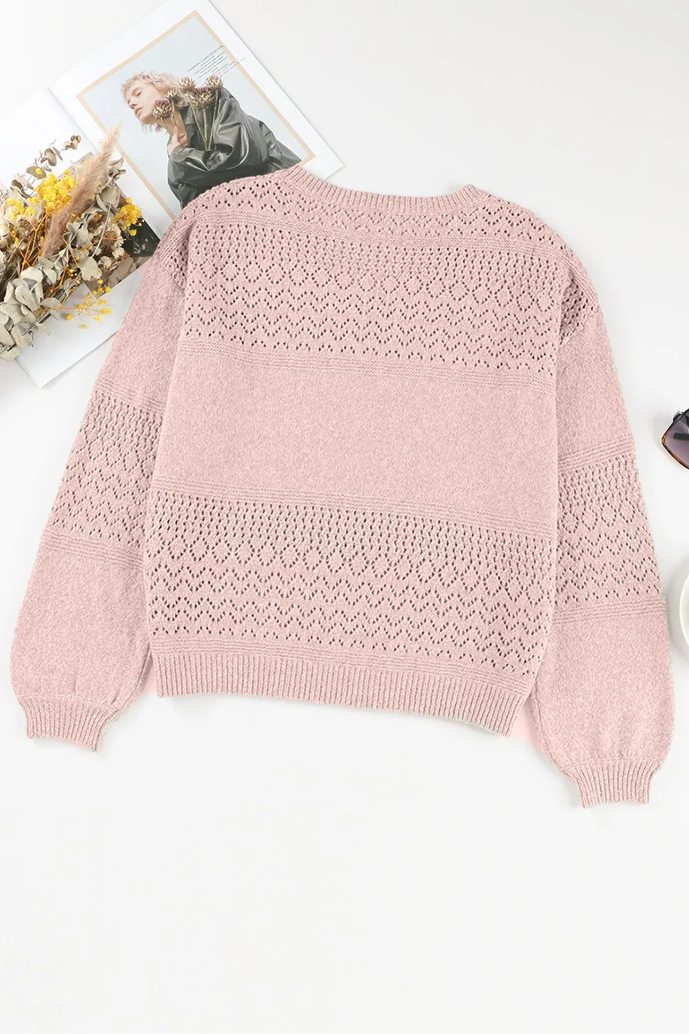 Openwork V-Neck Long Sleeve Sweater, image 15