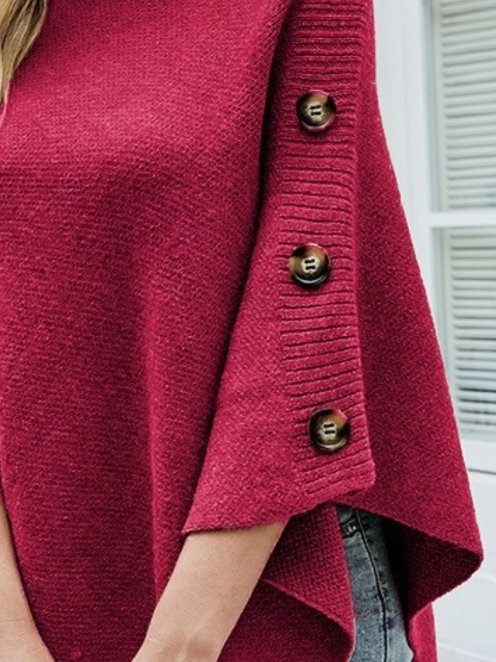 Button-Decor Turtleneck Poncho Pullover, image 13