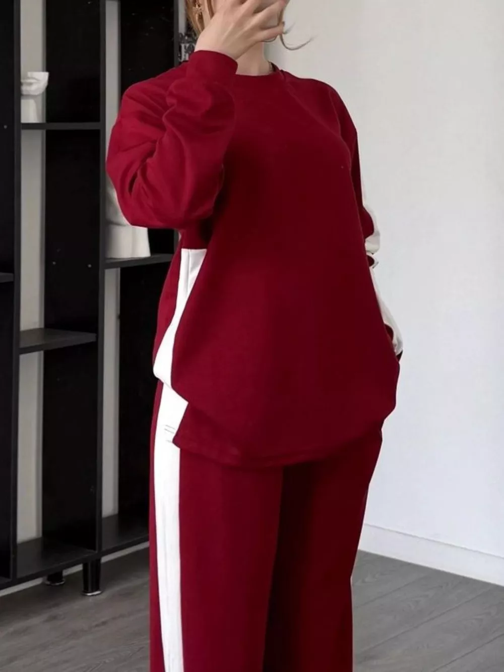 Full Size Contrast Round Neck Top and Pants Set Plus Size, image 7