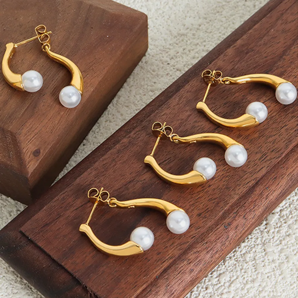 Synthetic Pearl Asymmetrical Titanium Steel Earrings, image 4