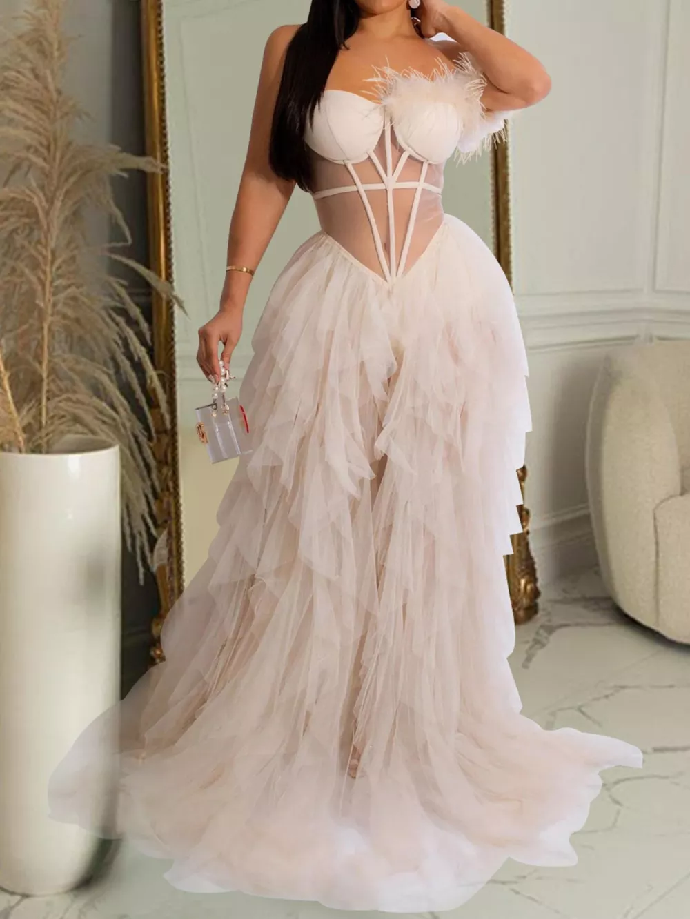 Feathered Corset Tulle Evening Dress, image 4