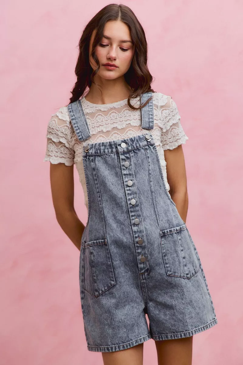 Denim Washed On Front With Adjustable Strap Romper
