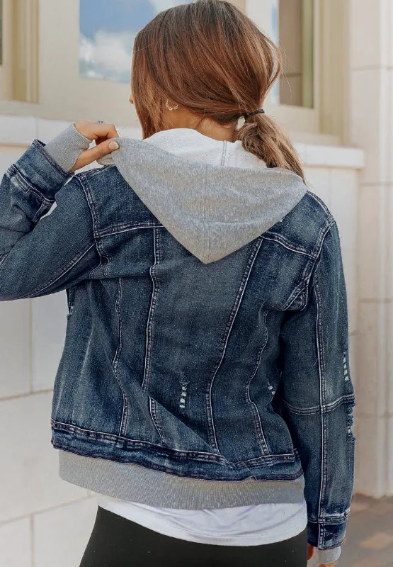 Fake Two-Piece Hooded Zip-Up Denim Jacket, image 13