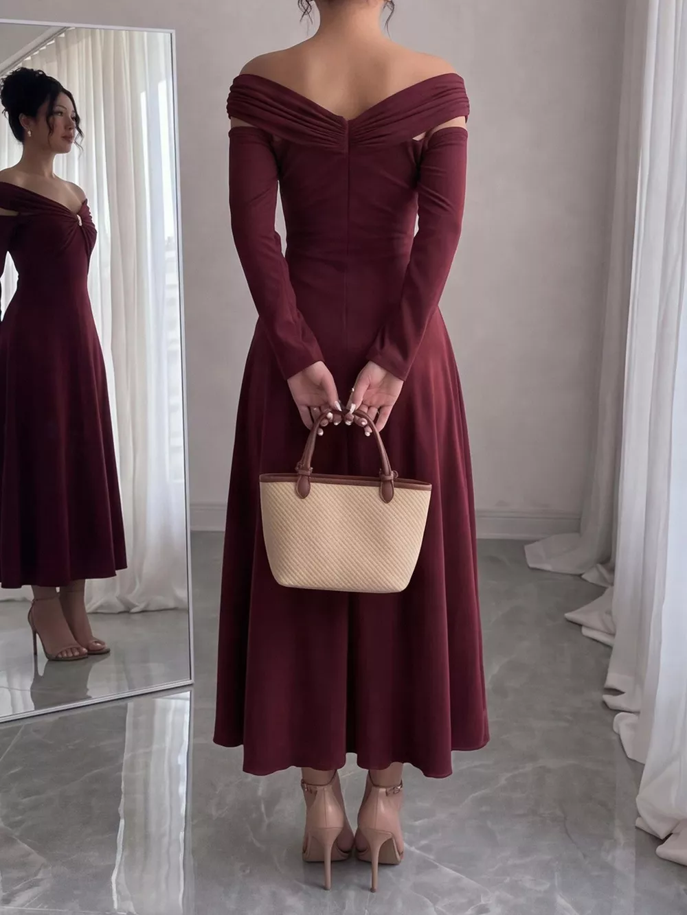 Off-Shoulder Long-Sleeve Maxi Dress, image 5