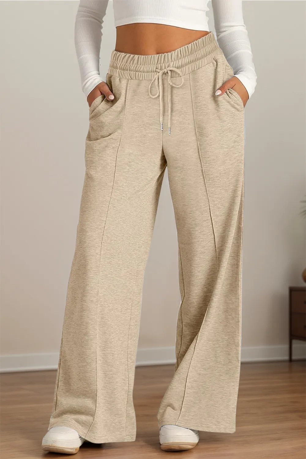 Drawstring Elastic Waist Wide Leg Pants, image 25