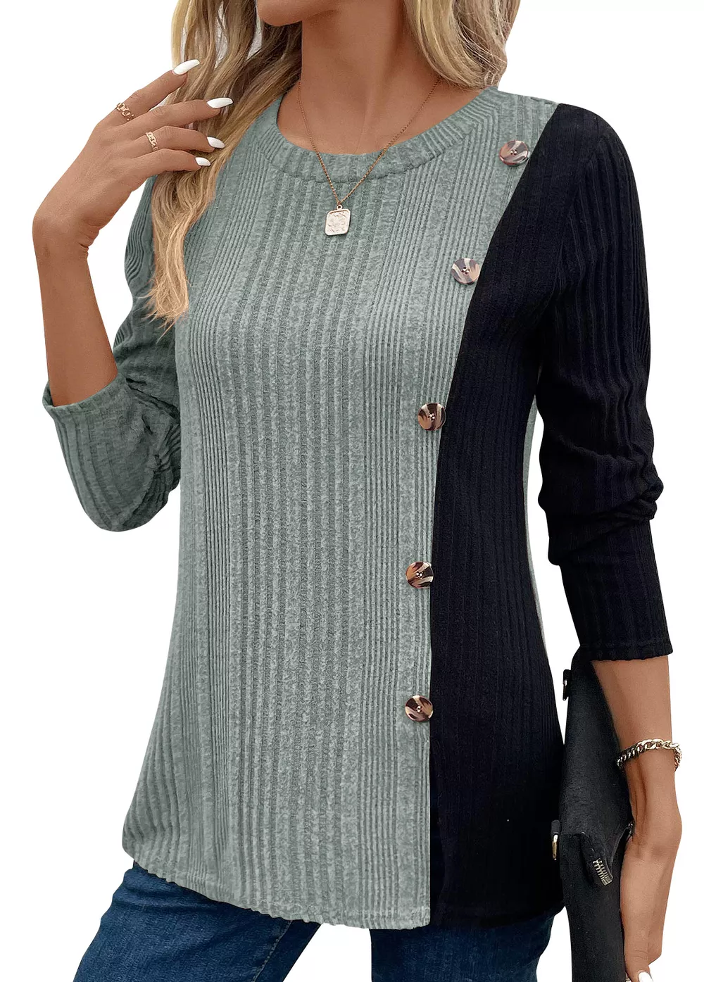 Color Block Ribbed Knit Decor Button T-Shirt, image 2