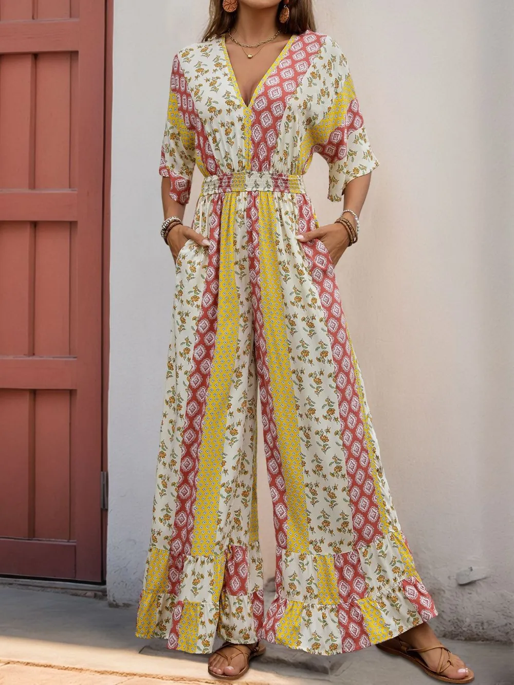 Ruffled Hem Printed V-Neck Jumpsuit, image 3