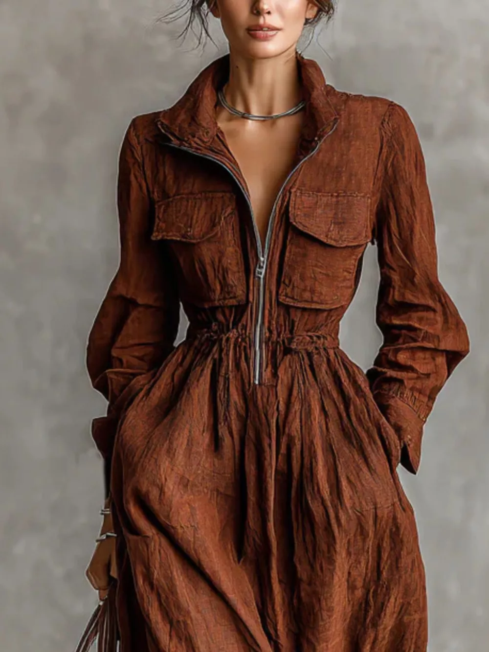Zip-Front Long Sleeve Maxi Shirt Dress