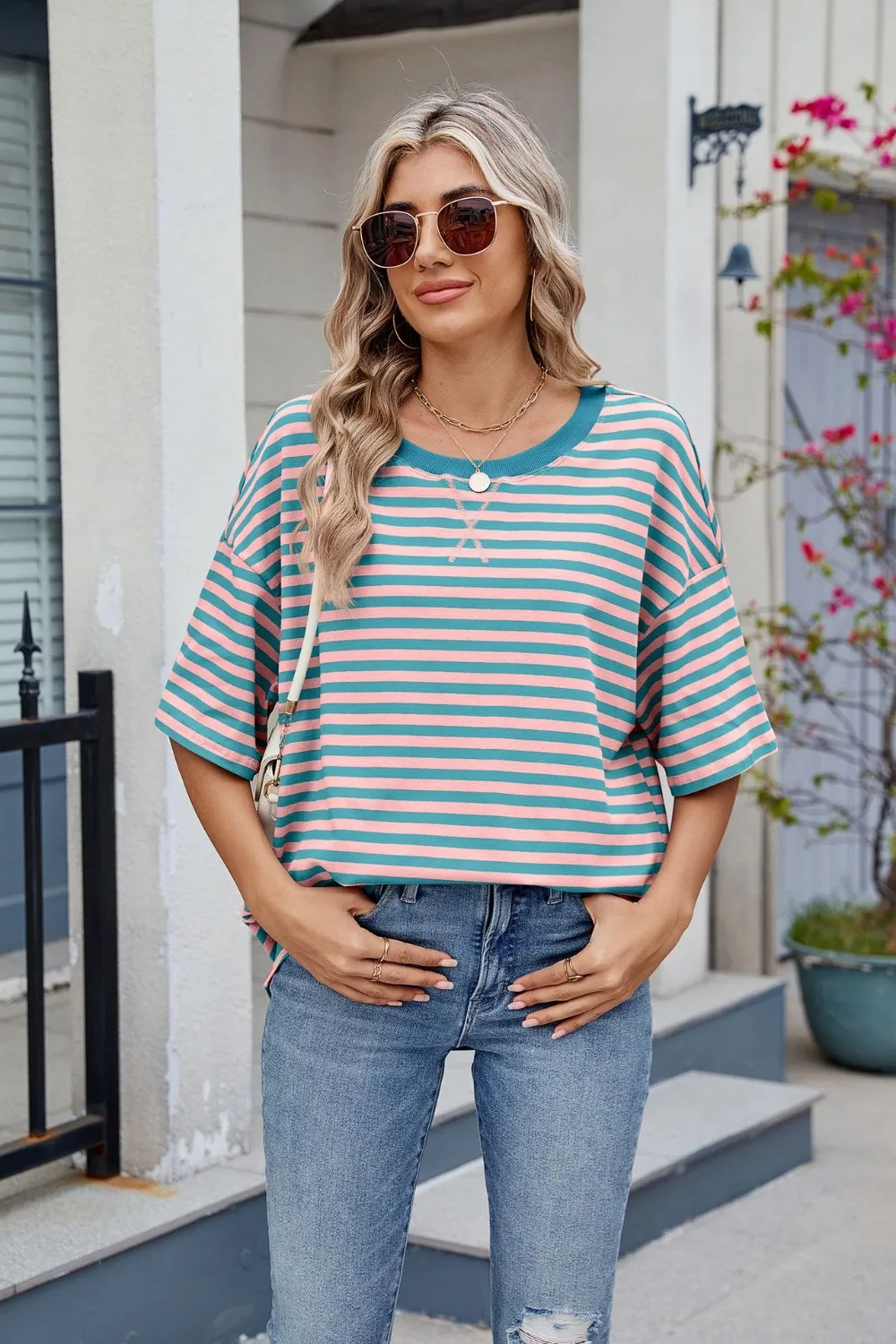 Contrast Striped Round Neck Half Sleeve T-Shirt, image 11