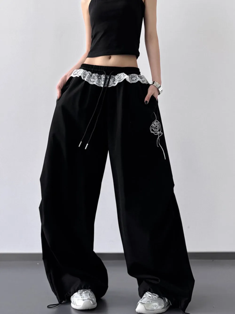 Drawstring Lace Detail Wide Leg Pants, image 3