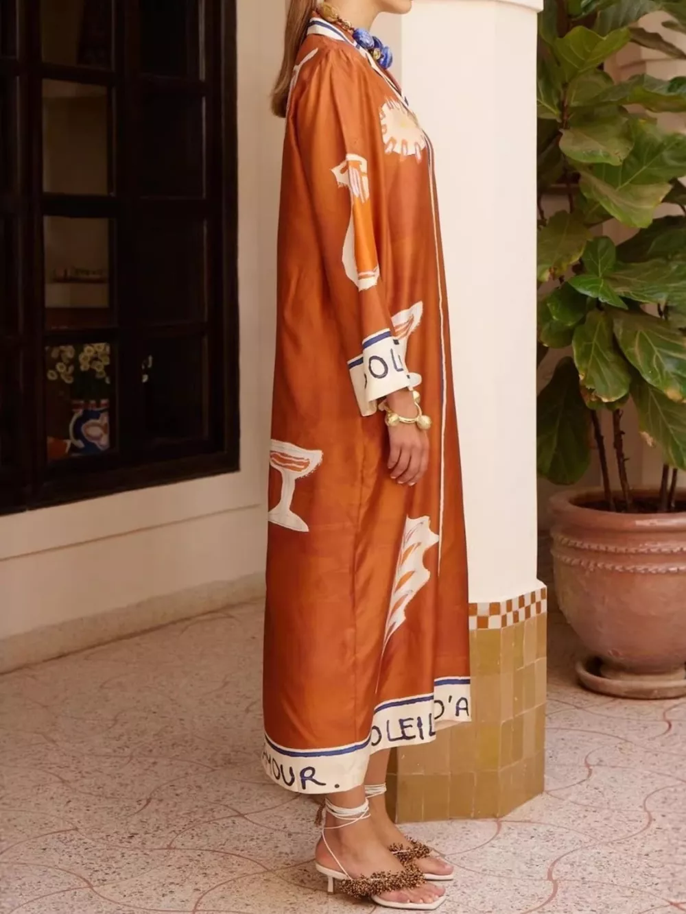 Contrast Trim Printed Button Down Midi Shirt Dress, image 3