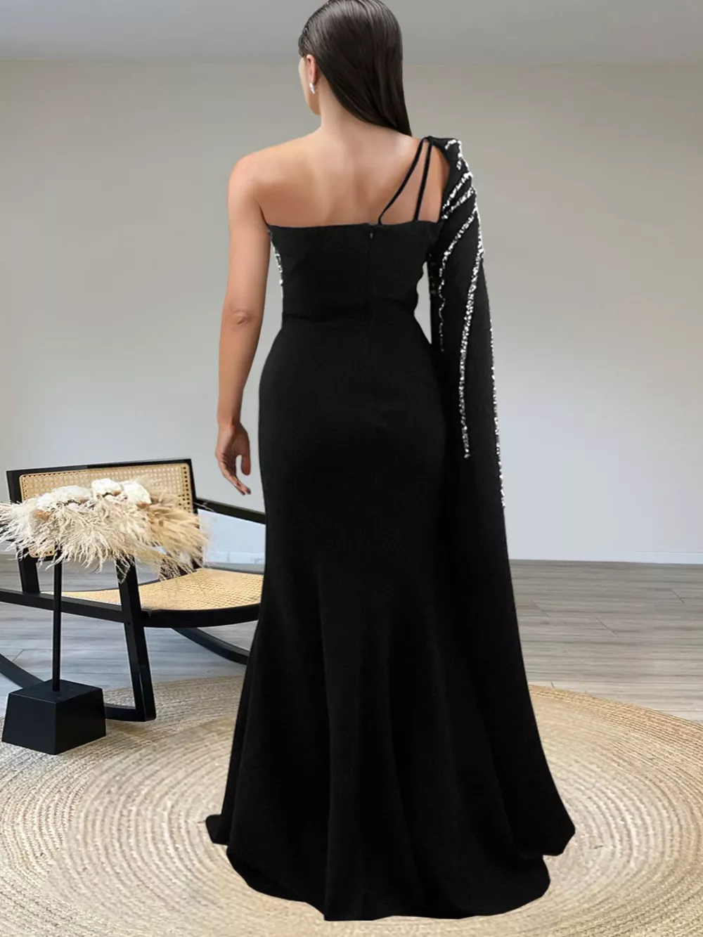 Rhinestone Pearl Detail One-Shoulder Mermaid Maxi Dress, image 2
