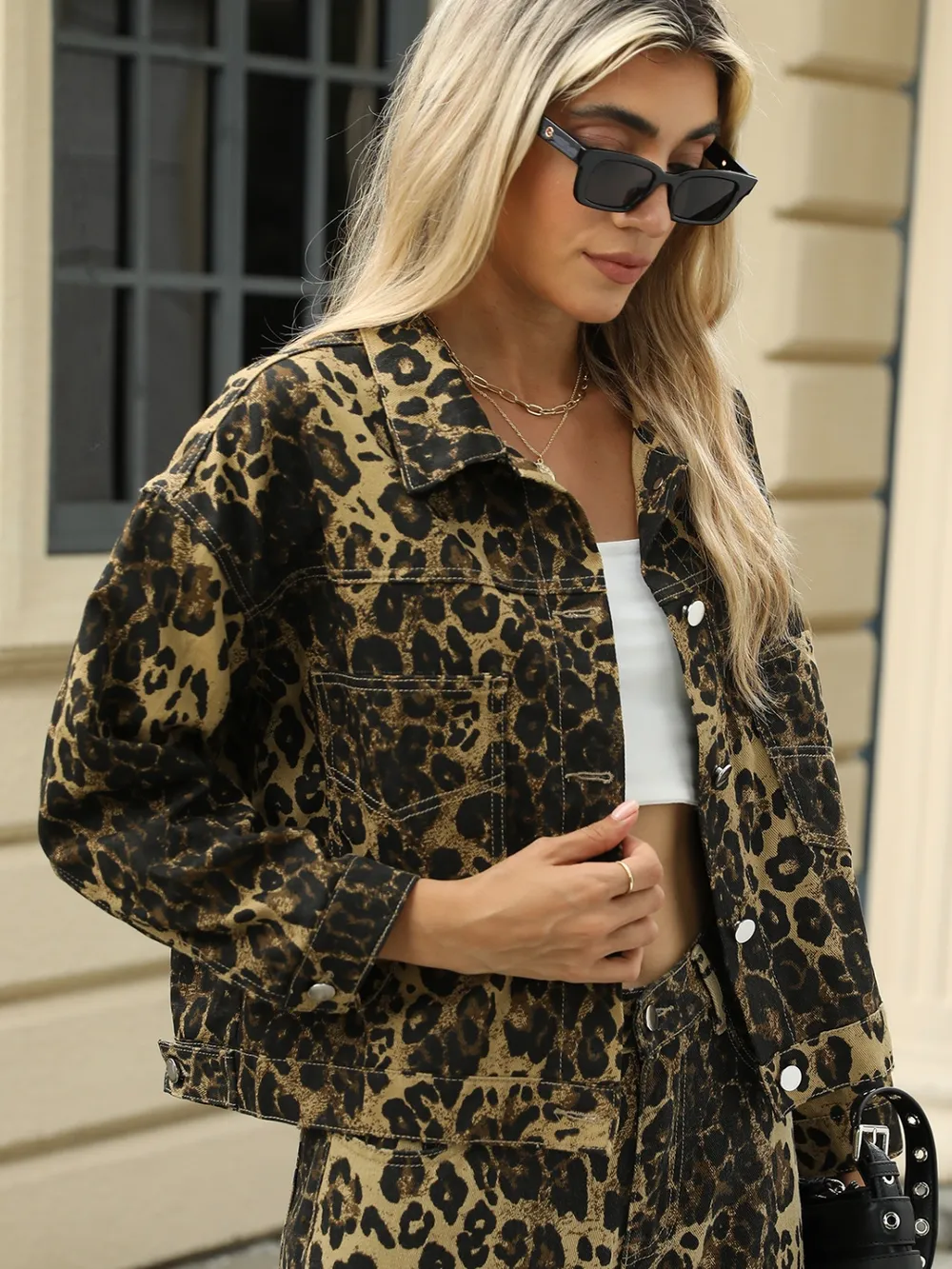 Pocketed Leopard Long Sleeve Denim Jacket, image 5