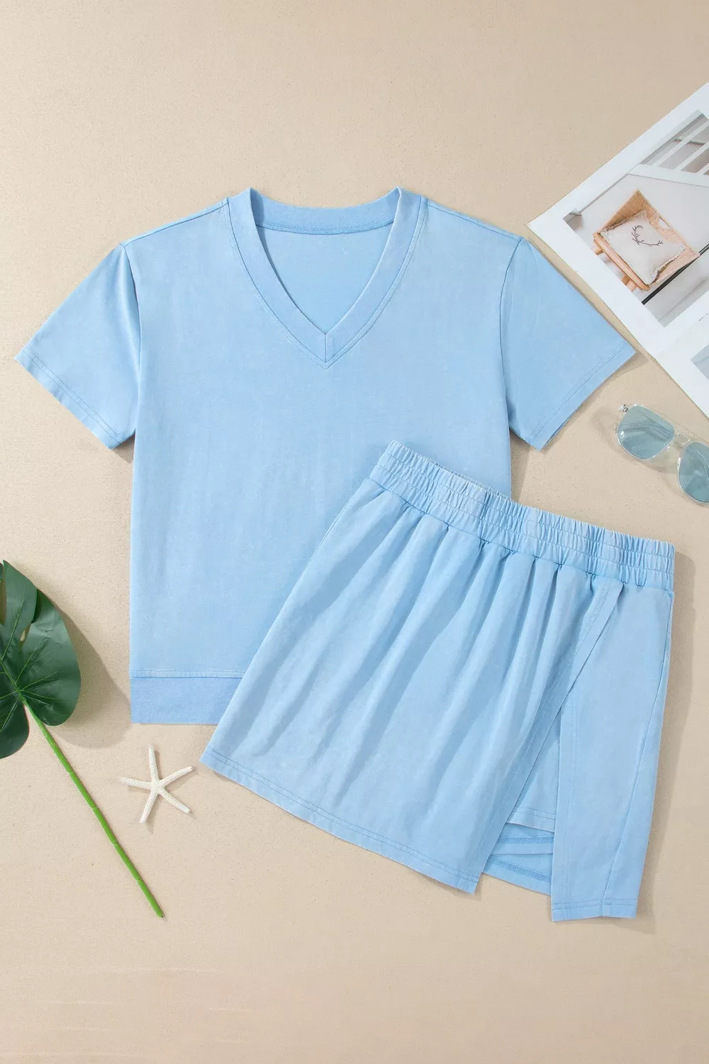 Casual V-Neck Short Sleeve Top and Skort Set, image 4