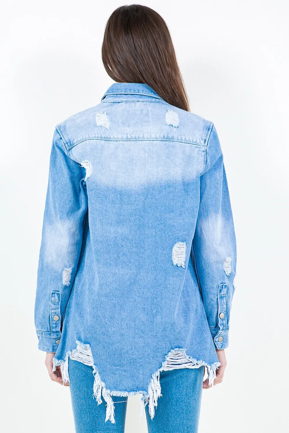 Frayed Hem Distressed Denim Shirt Jacket, image 3