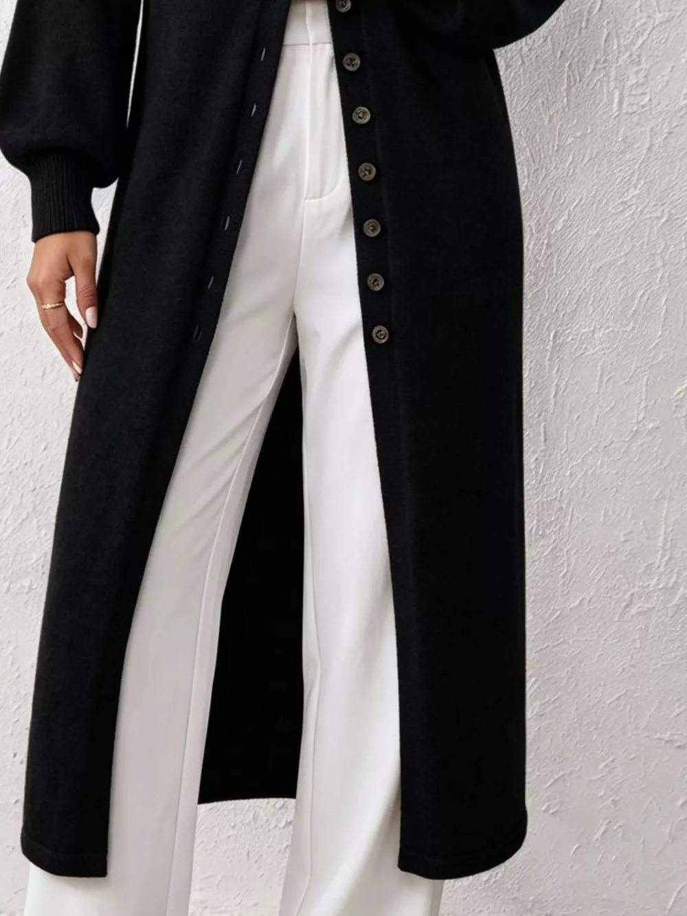 Elegant Longline Button-Front Cardigan with Lantern Sleeves, image 7