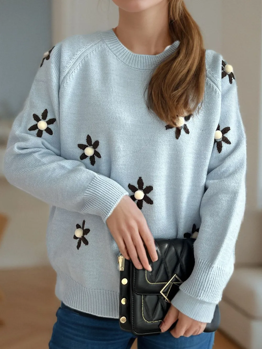 Flower Round Neck Raglan Sleeve Sweater, image 19