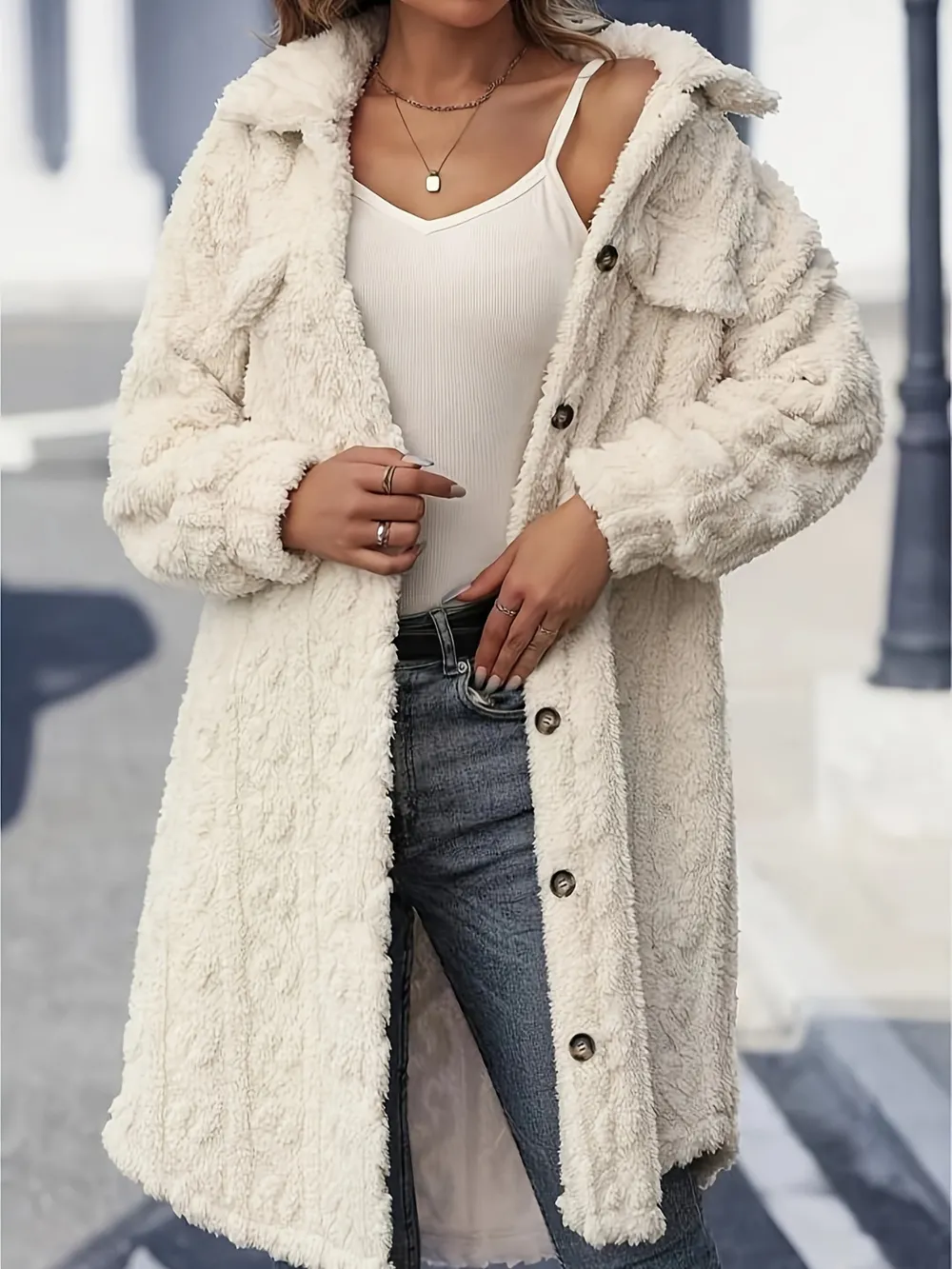 Fuzzy Button Up Long Sleeve Longline Coat, image 4