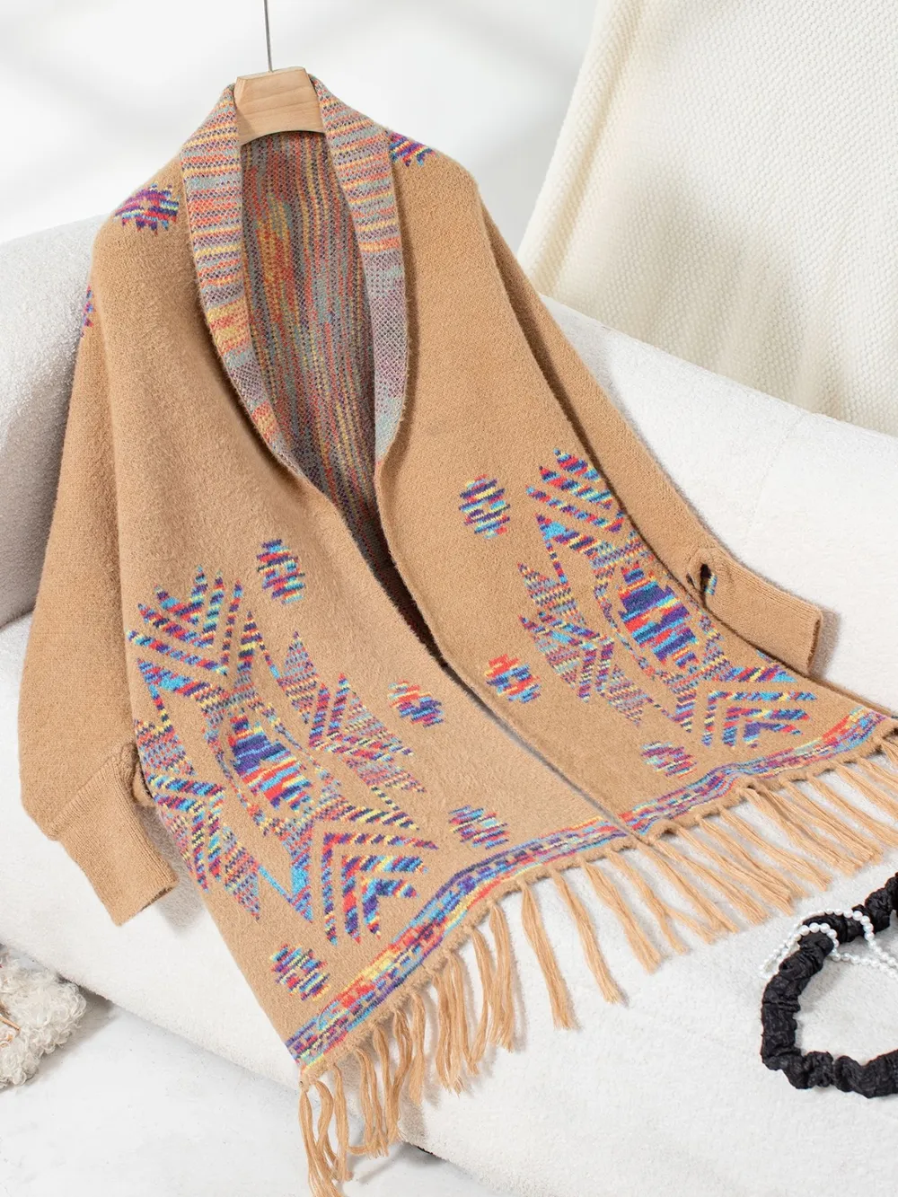 Fringe Geometric Open Front Long Sleeve Cape, image 9