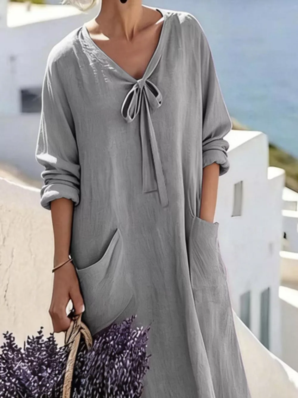 Full Size Long Sleeve Loose Maxi Dress with Pockets Plus Size, image 2