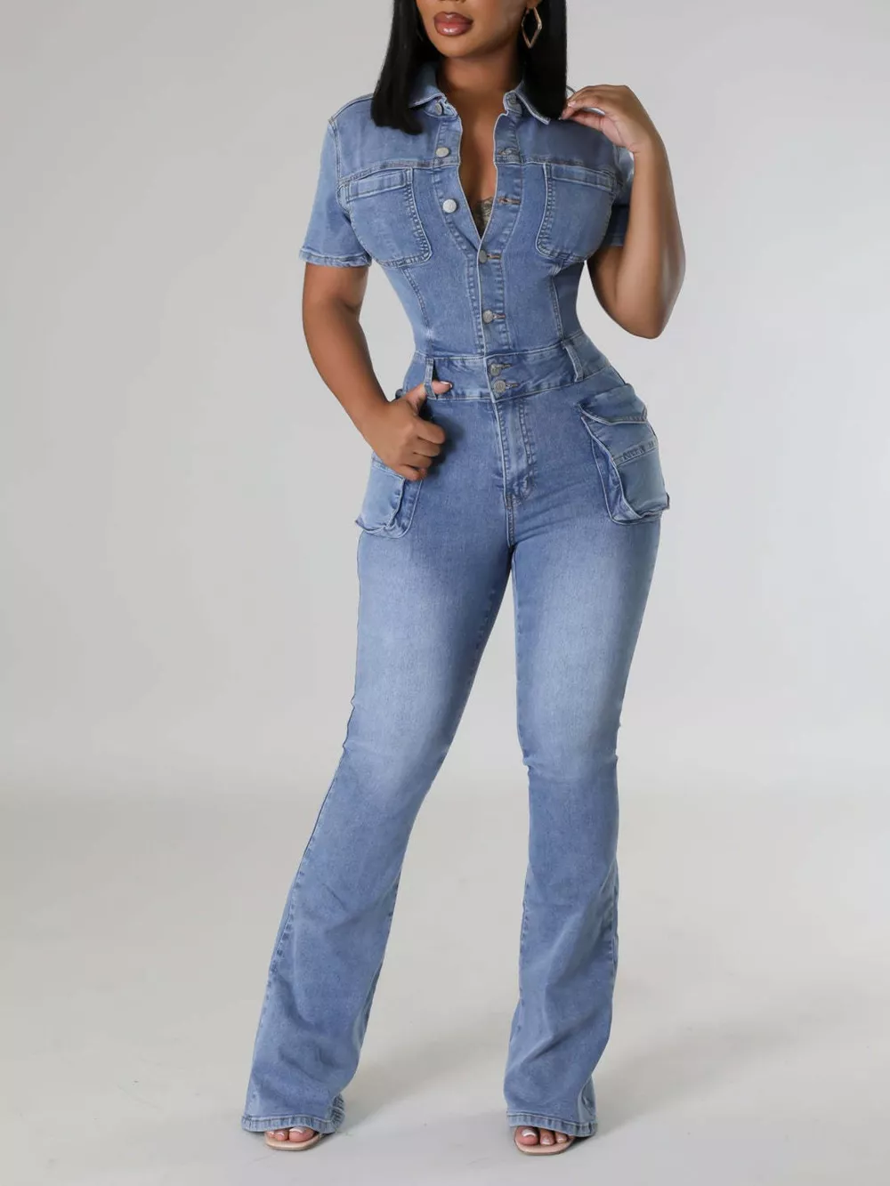 Slim-Fit Denim Jumpsuit with Utility Cargo Pockets and Flared Legs