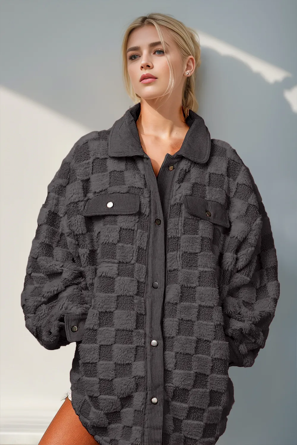 Button Up Fuzzy Checkered Shacket, image 4
