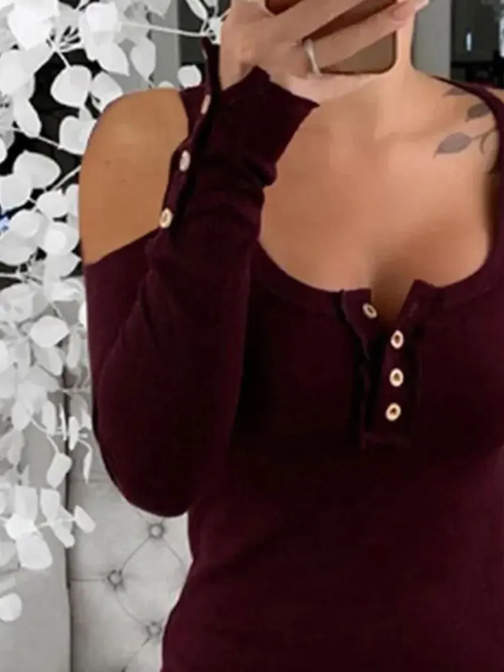 Cold Shoulder Ribbed Henley T-Shirt with Button Detail, image 15