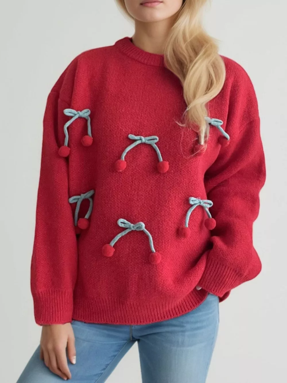 Cherry Pom-Pom Knit Round Neck Sweater, image 13