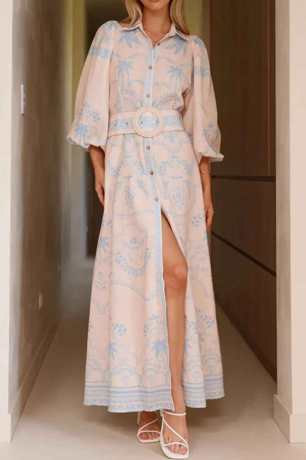 Printed Balloon Sleeve Maxi Shirt Dress, image 10
