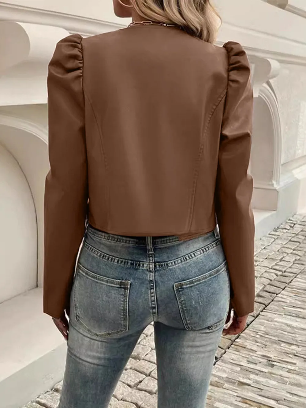 PU Leather Open Front Puff Sleeve Jacket, image 4