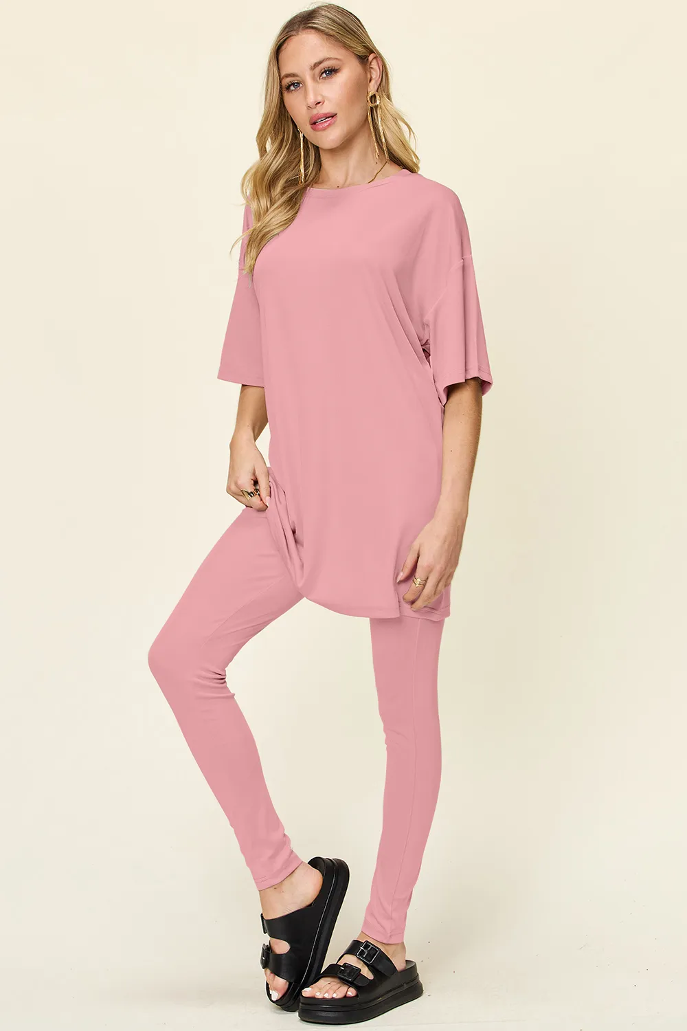 Full Size Round Neck Dropped Shoulder T-Shirt and Leggings Set, image 14