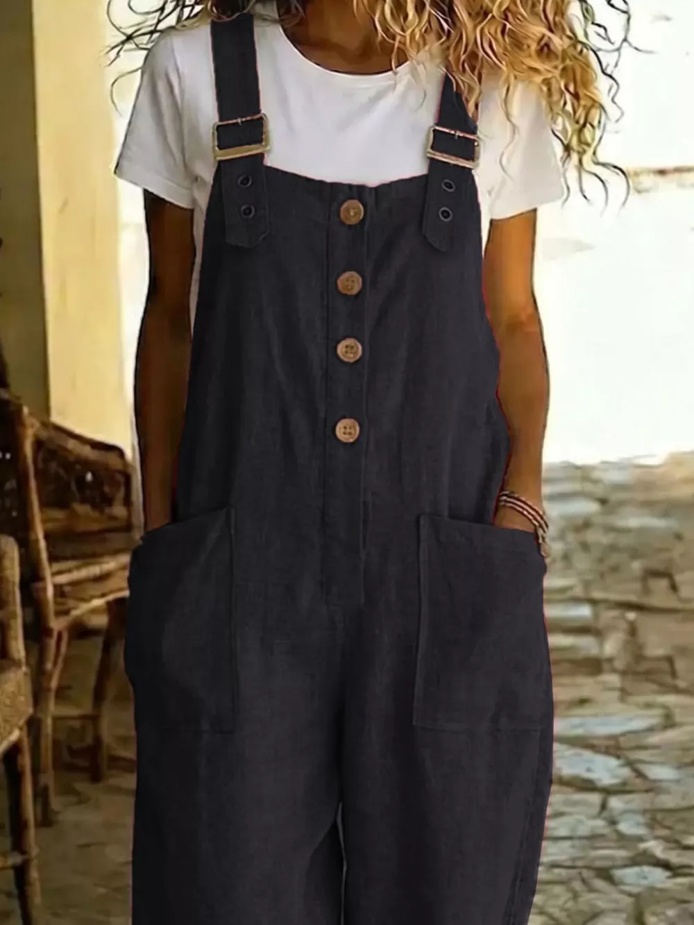 Casual Button Front Wide Leg Overalls, image 10
