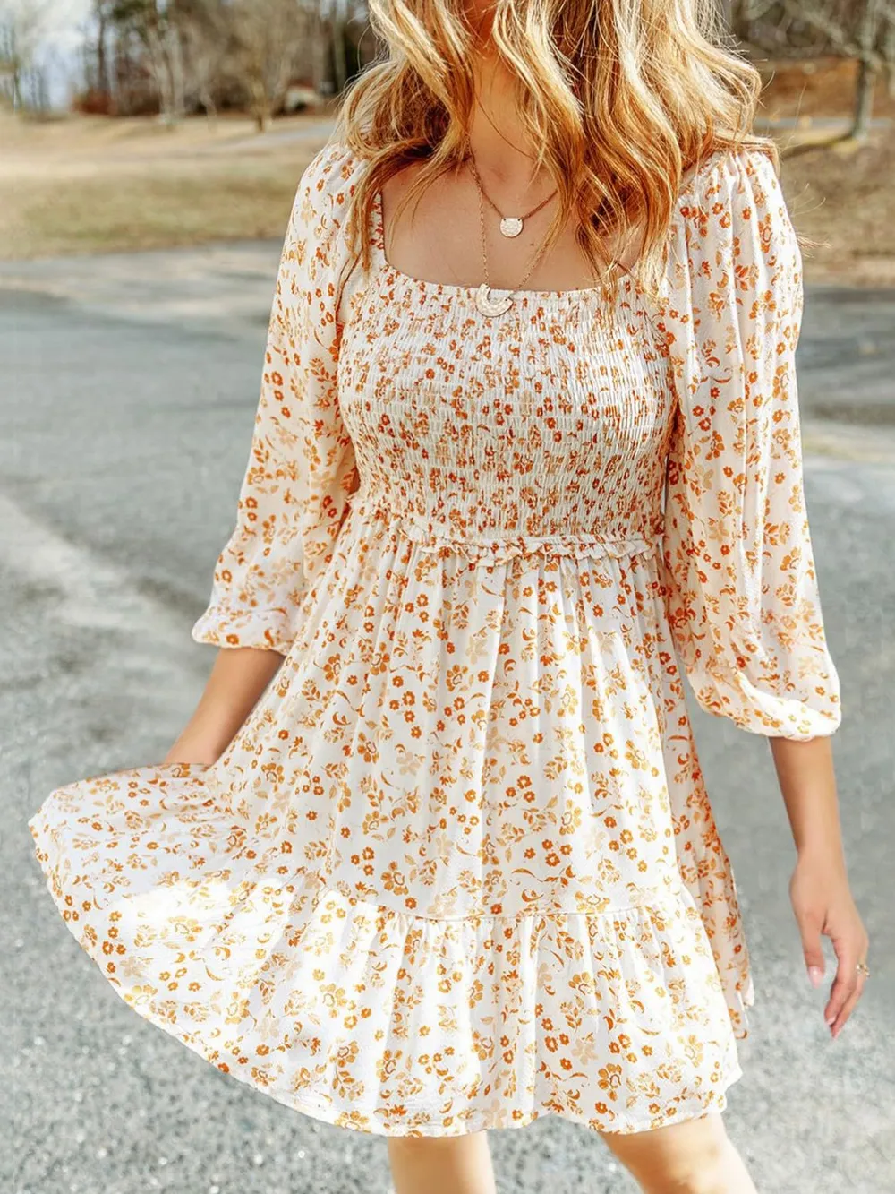 Smocked Floral Square Neck Dress, image 6