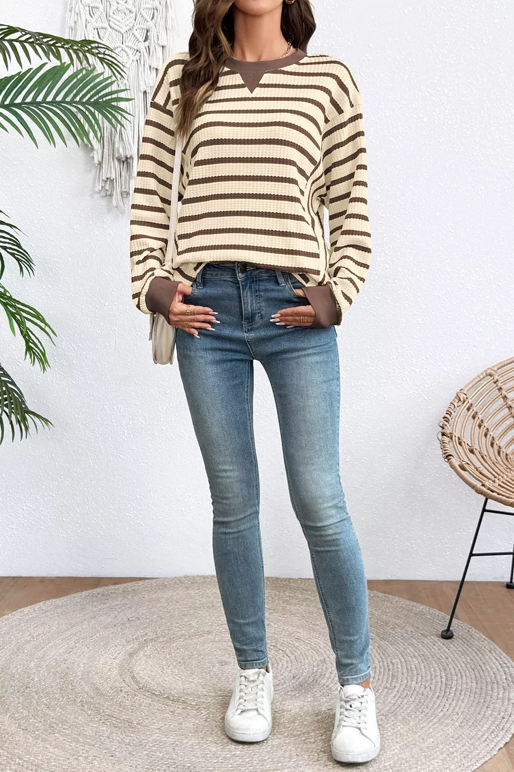 Stripe Patchwork Ribbed Cuff Casual Pullover Sweatshirt, image 5