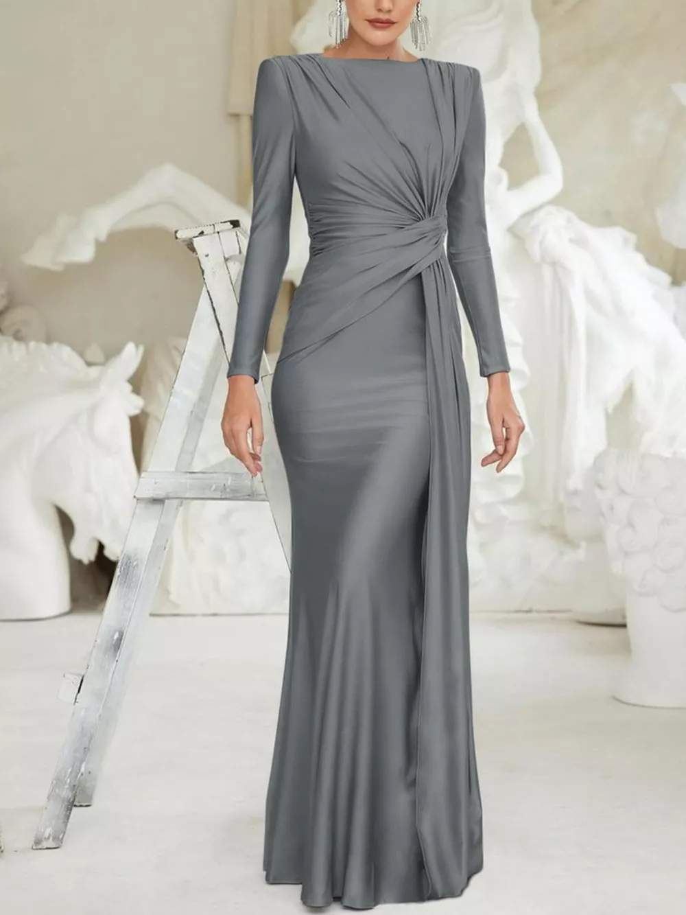 Ruched Knot Front Long Sleeve Maxi Dress, image 27