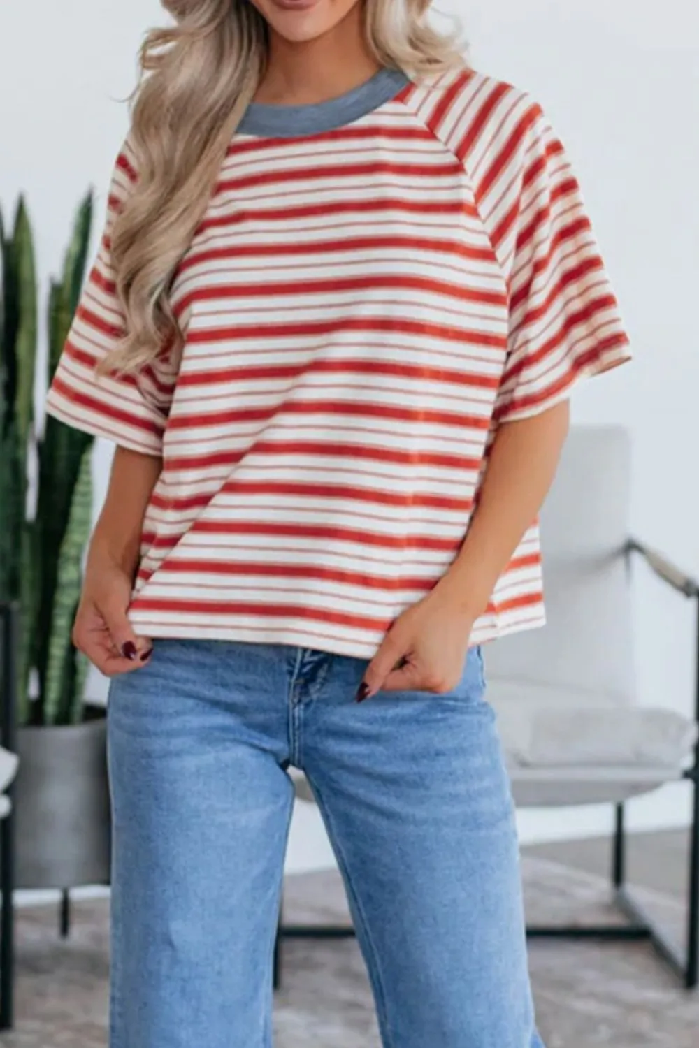 Stripe Print Contrast Collar Raglan Sleeve T Shirt, image 10