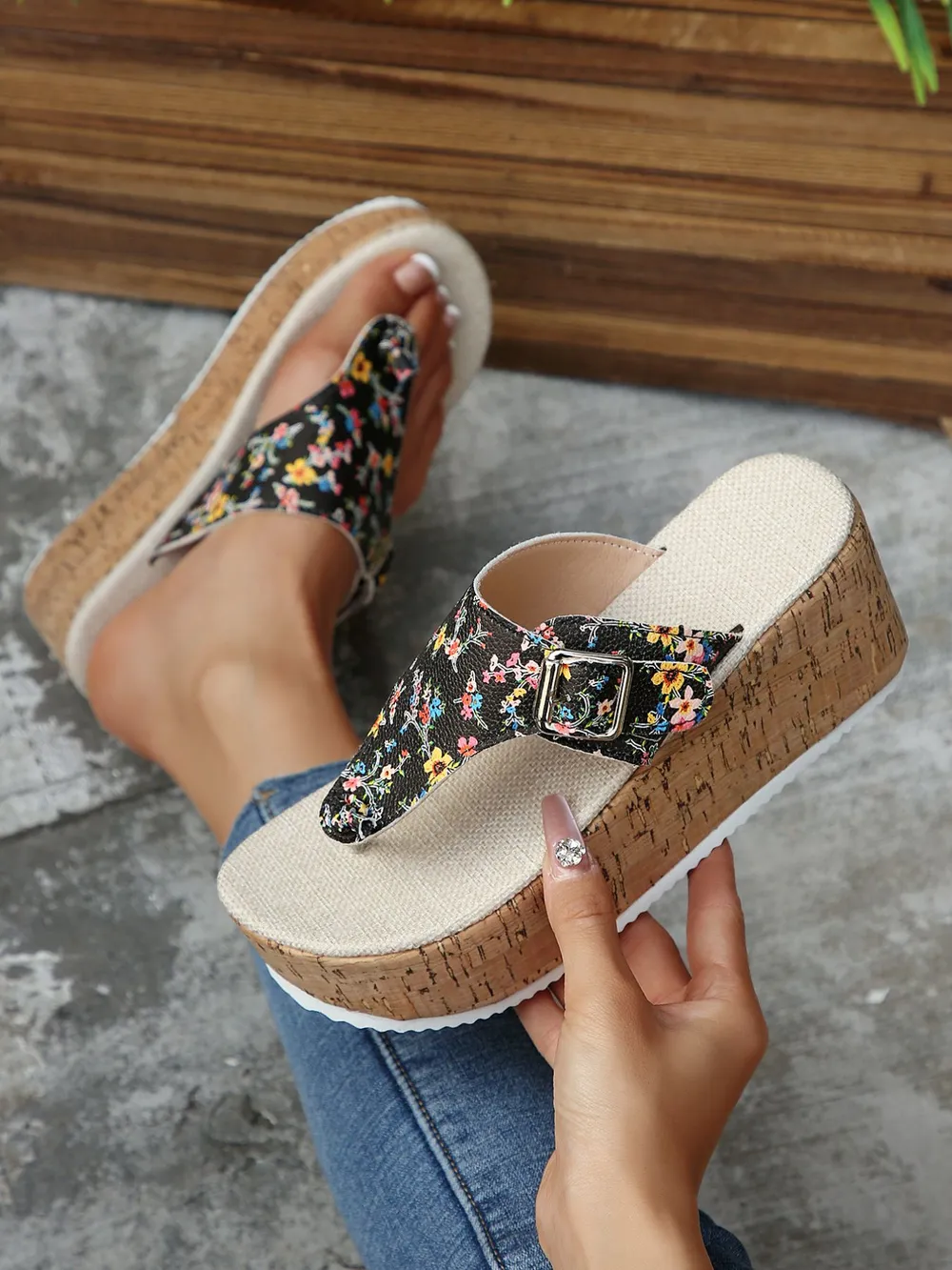 Floral Print Wedge Platform Sandals, image 3