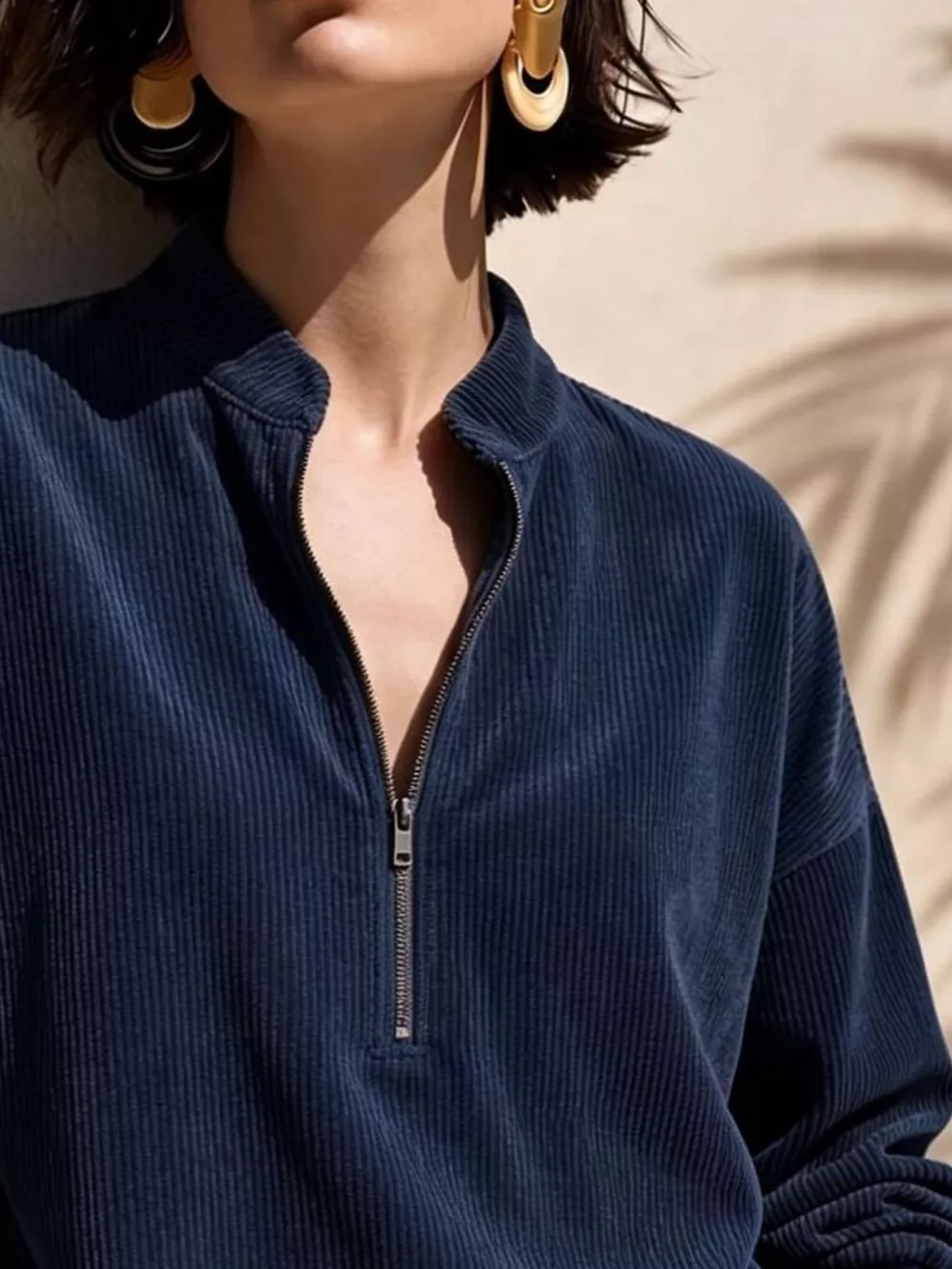 Full Size Half Zip Dropped Shoulder Corduroy Top Plus Size, image 4