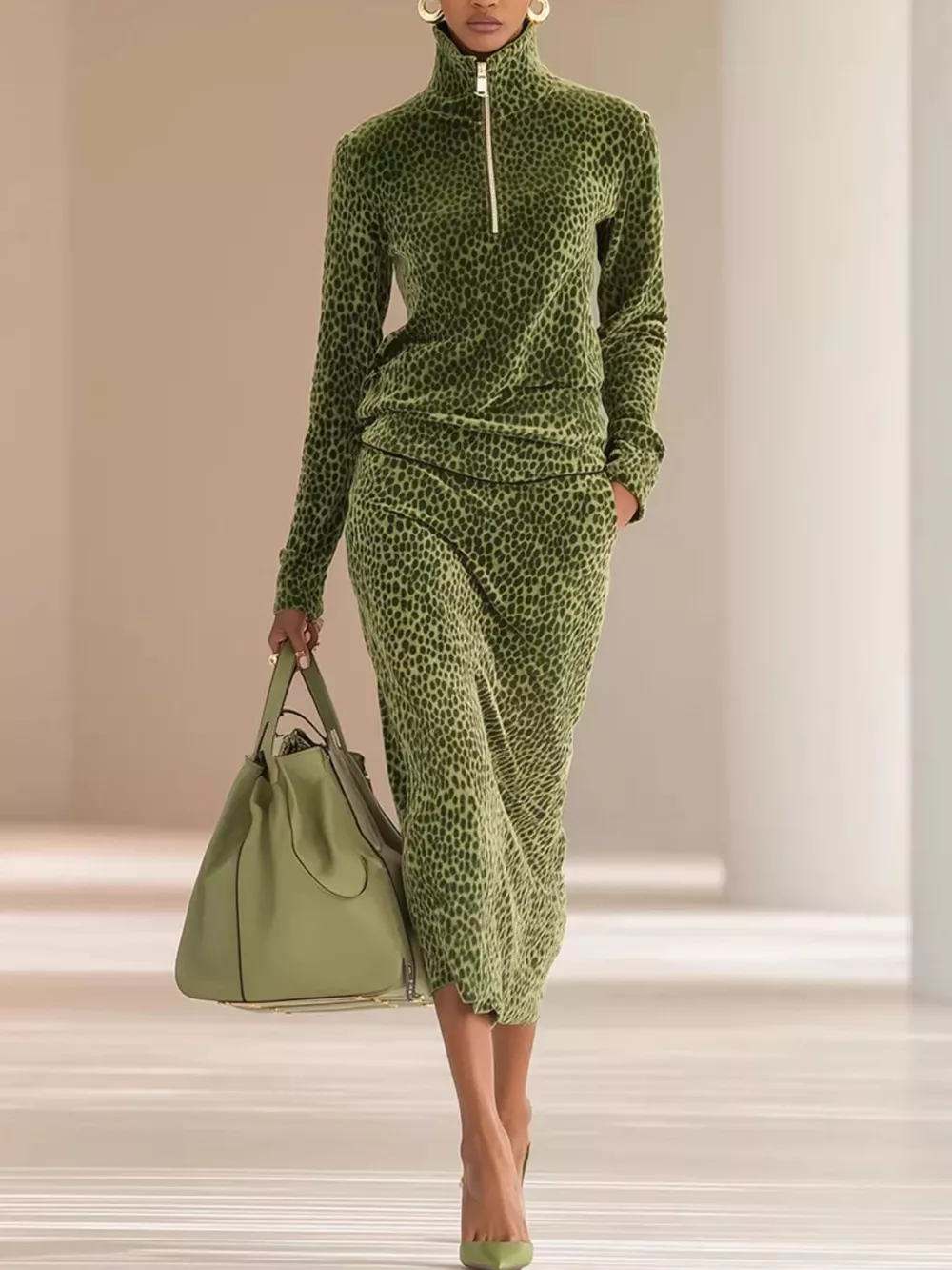 Leopard Print Velour Quarter-Zip Top and Skirt Set