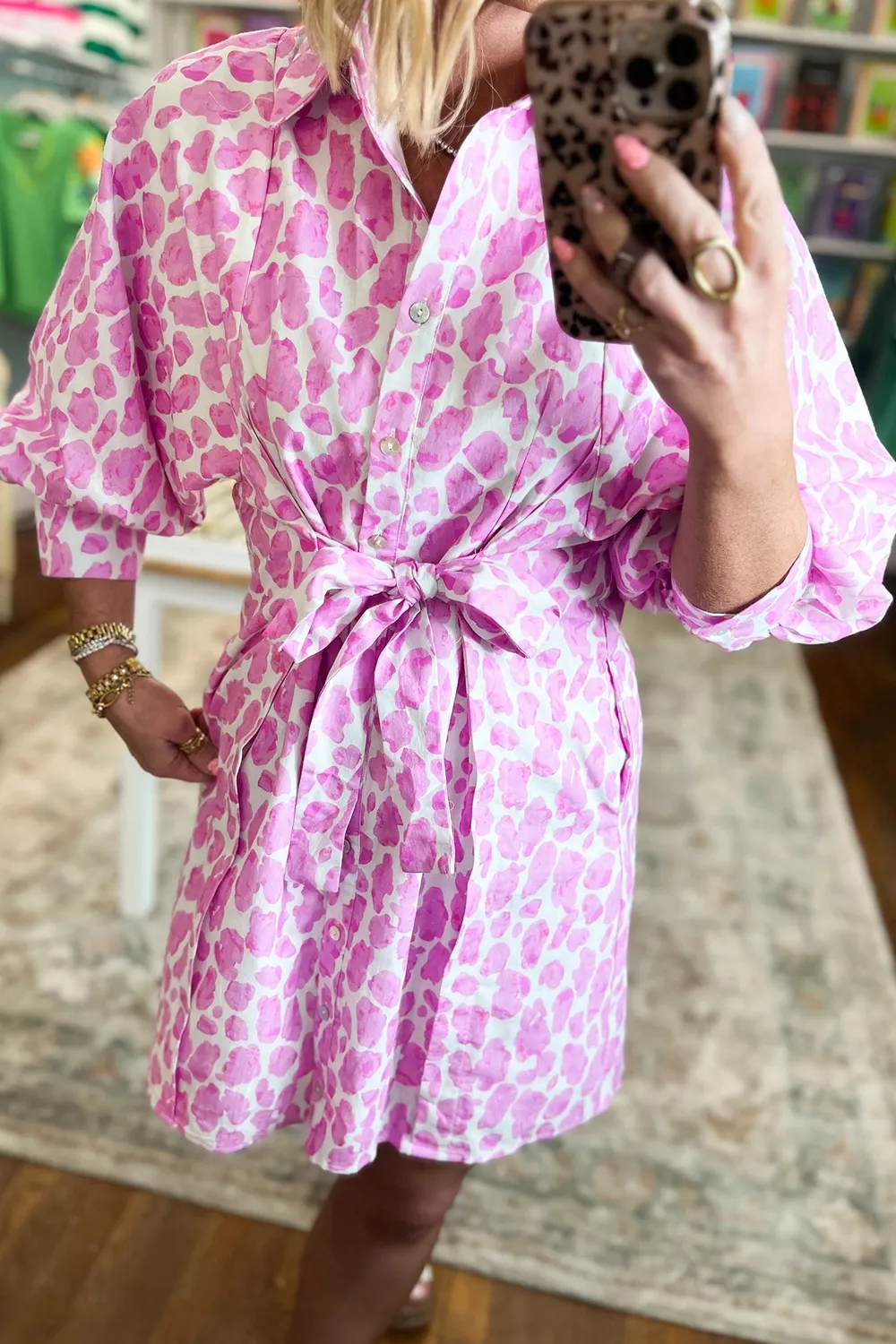 Abstract Leopard Print Tie Waist Puff Sleeve Mini Shirt Dress, image 5