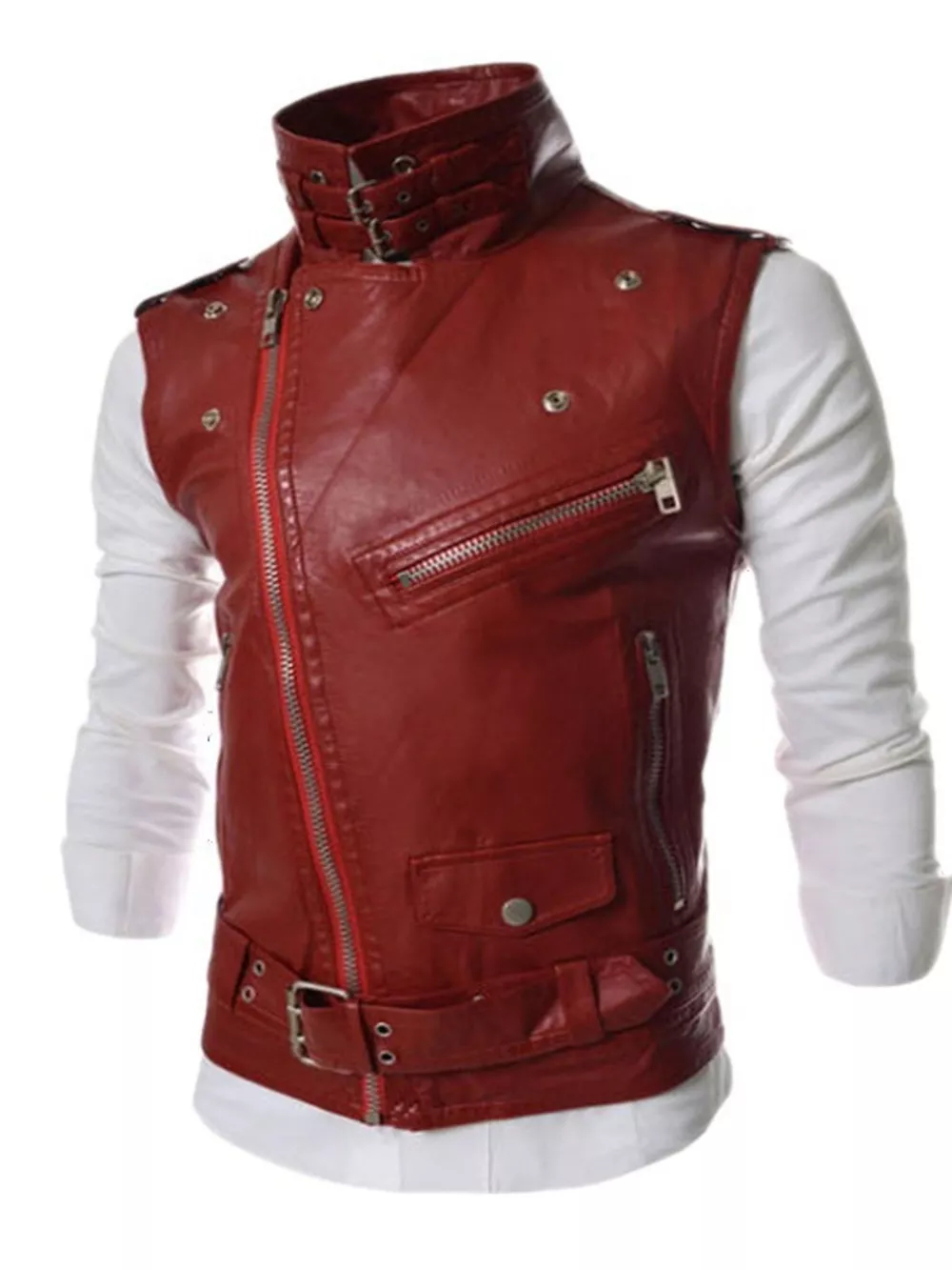 Men's Plus Size Asymmetrical Zipper Adjustable Belt Buckle Vest, image 6