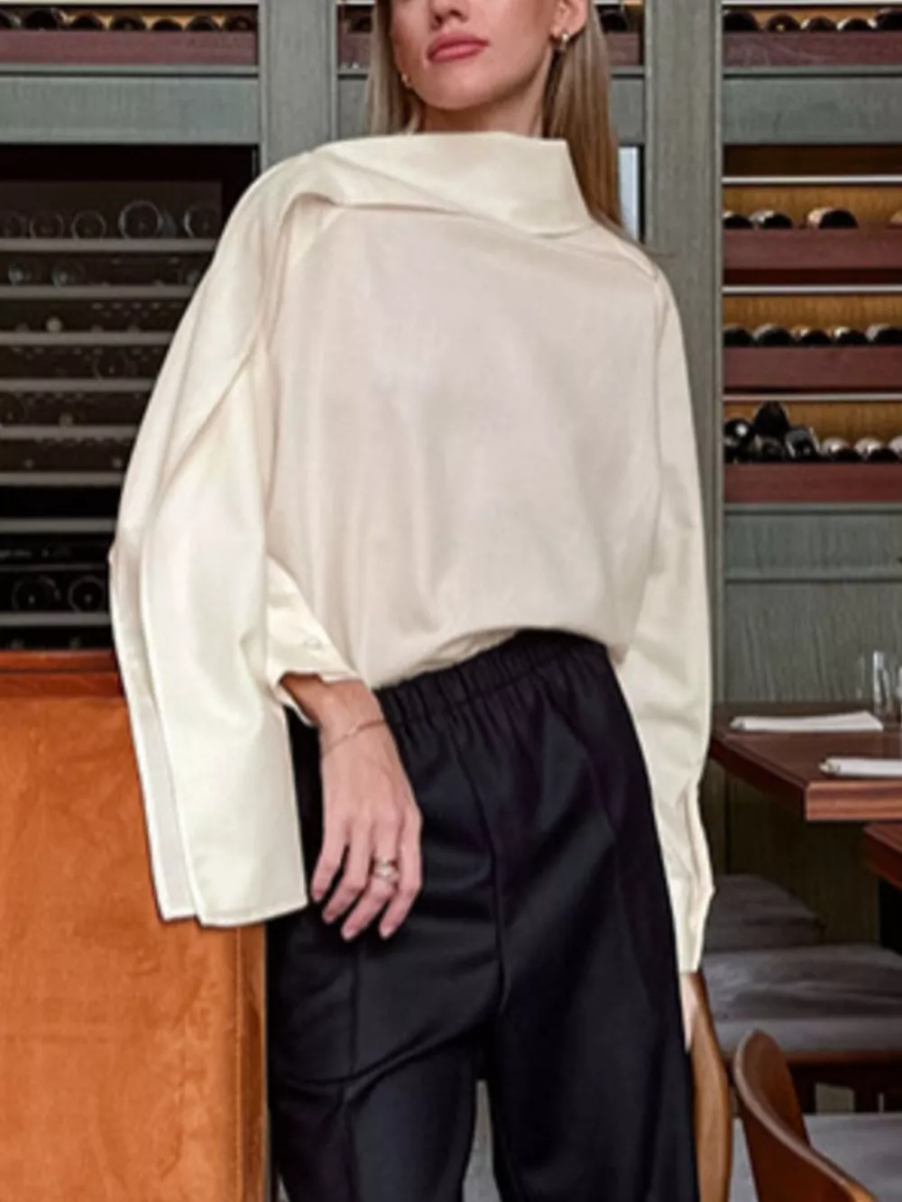 Asymmetrical High Collar Long Sleeve Blouse, image 2