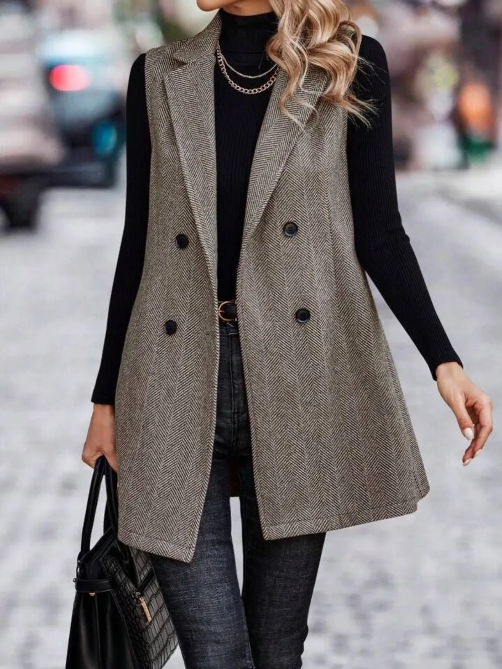 Buttoned Collared Neck Longline Vest Coat, image 9